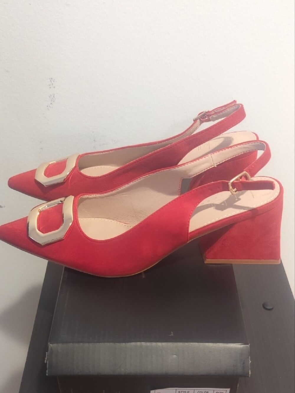 Red Pointed Slingback Pumps with Gold Buckle - Picture 3 of 6